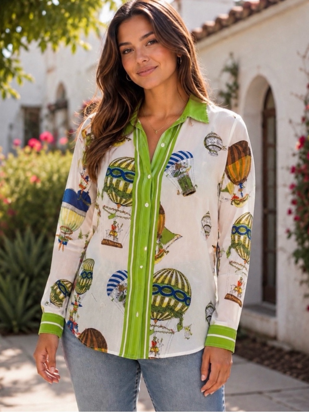ANTHROPOLOGIE MAEVE | Rare 100% Silk Retro Hot Air Balloon Print Blouse Top Sz 8